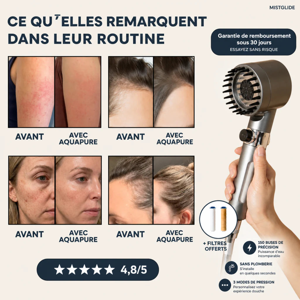 Retours visuels sur les cheveux, le cuir chevelu et la peau avec AquaPure