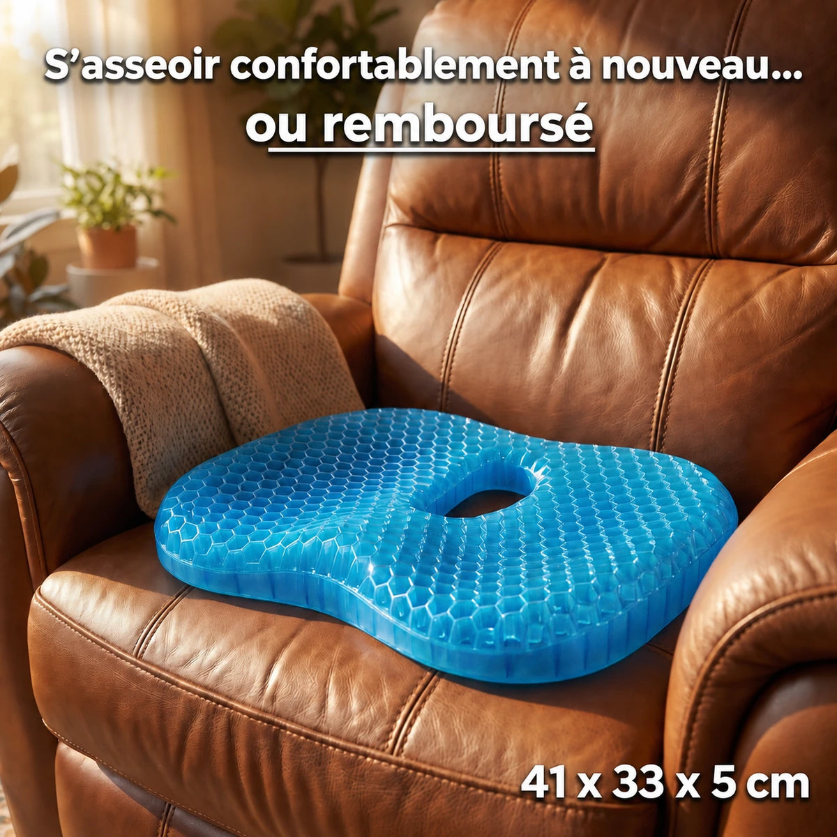 Coussin MediGel sur fauteuil avec garantie satisfait ou remboursé