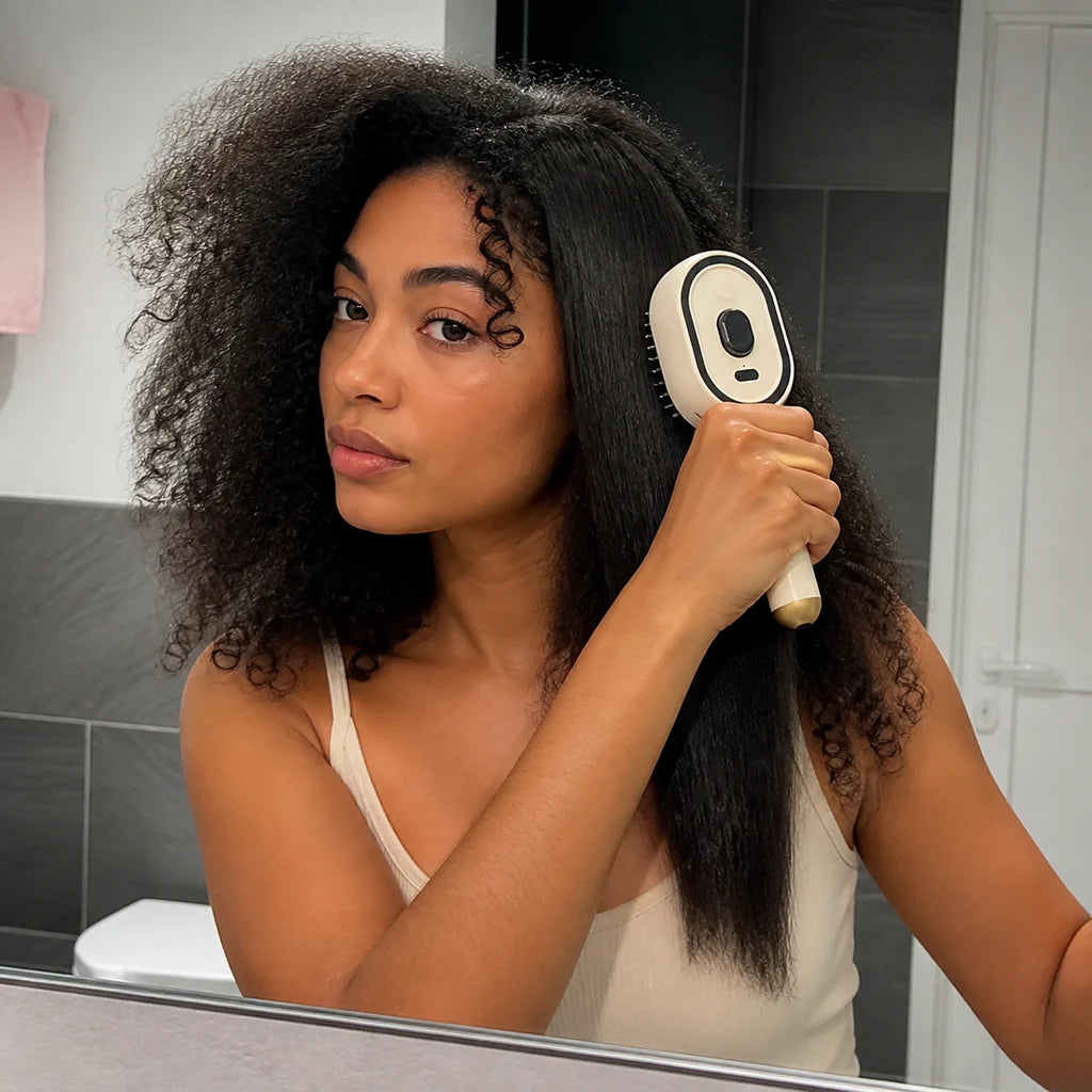 Customer carrying Mistglide Brush for quick hair touch-ups
