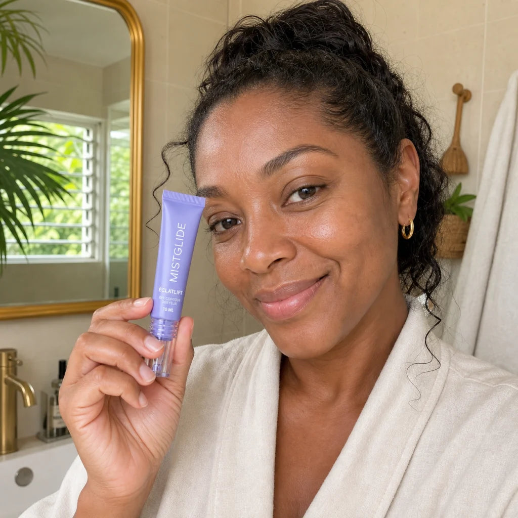 Mélissa en Guadeloupe tenant le gel contour des yeux ÉclatLift Mistglide