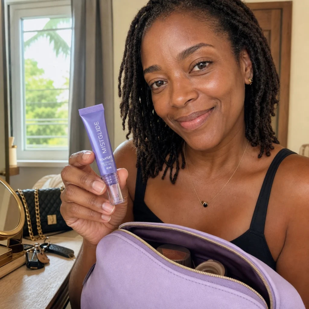 Sophie en Martinique rangeant ÉclatLift dans sa trousse