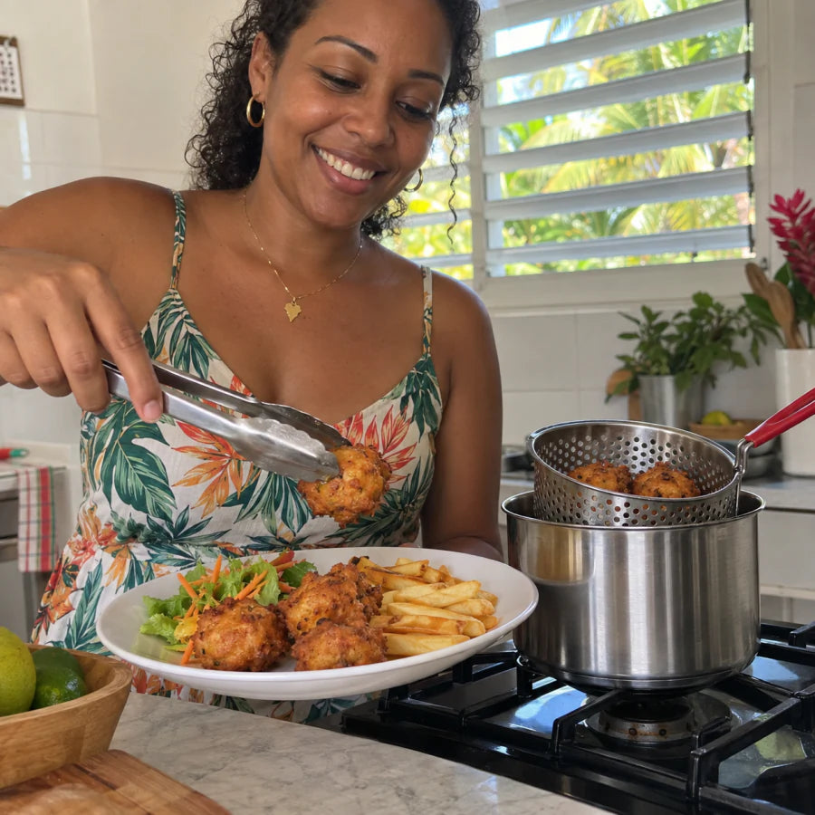 Cliente en Guadeloupe servant des accras et des frites avec les pinces Mini Friture