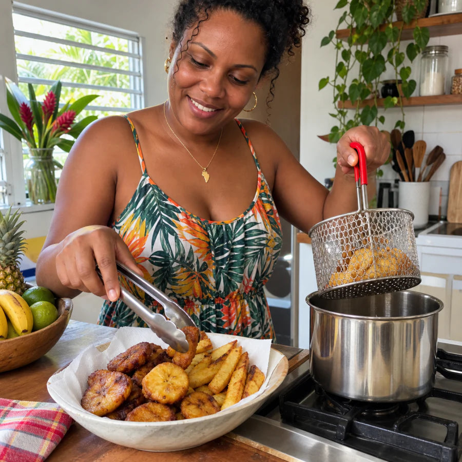 Cliente en Martinique utilisant le panier rouge du kit Mini Friture pour des beignets de banane et des frites