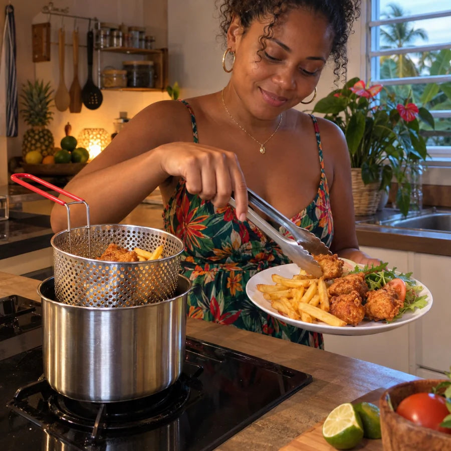 Cliente en Martinique servant une petite assiette de frites et bouchées avec la Mini Friture