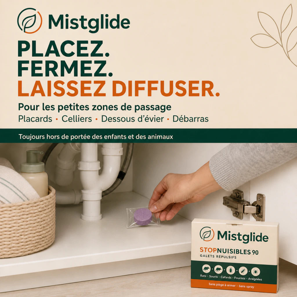 Placement d'un sachet StopNuisibles dans une petite zone sous évier