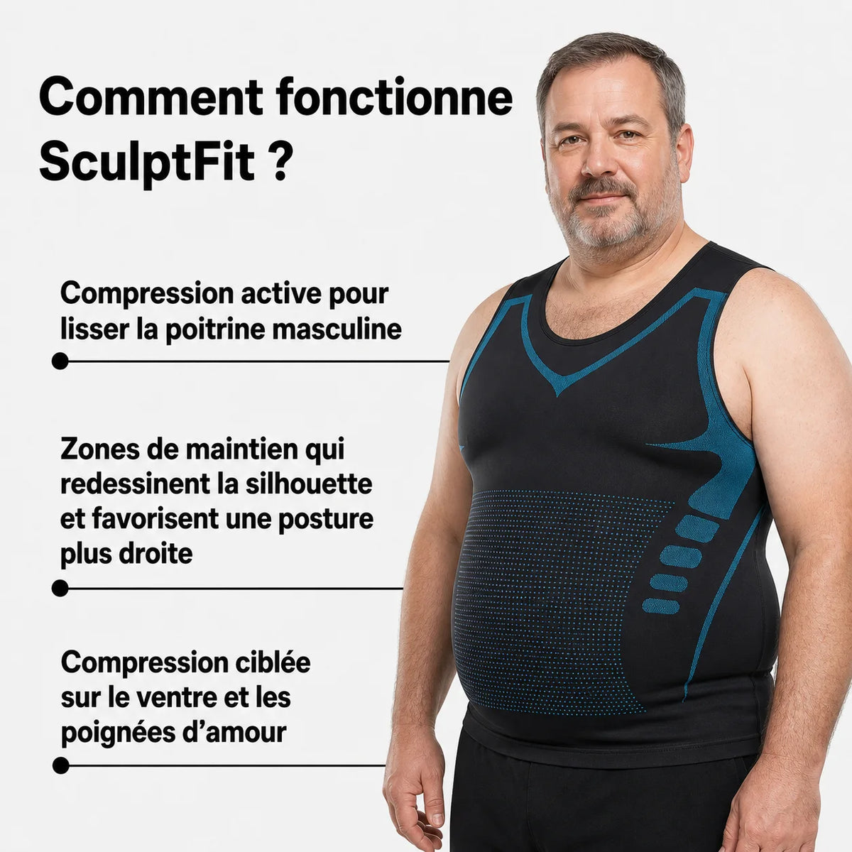 Fonctionnement des zones de compression SculptFit sur un homme corpulent