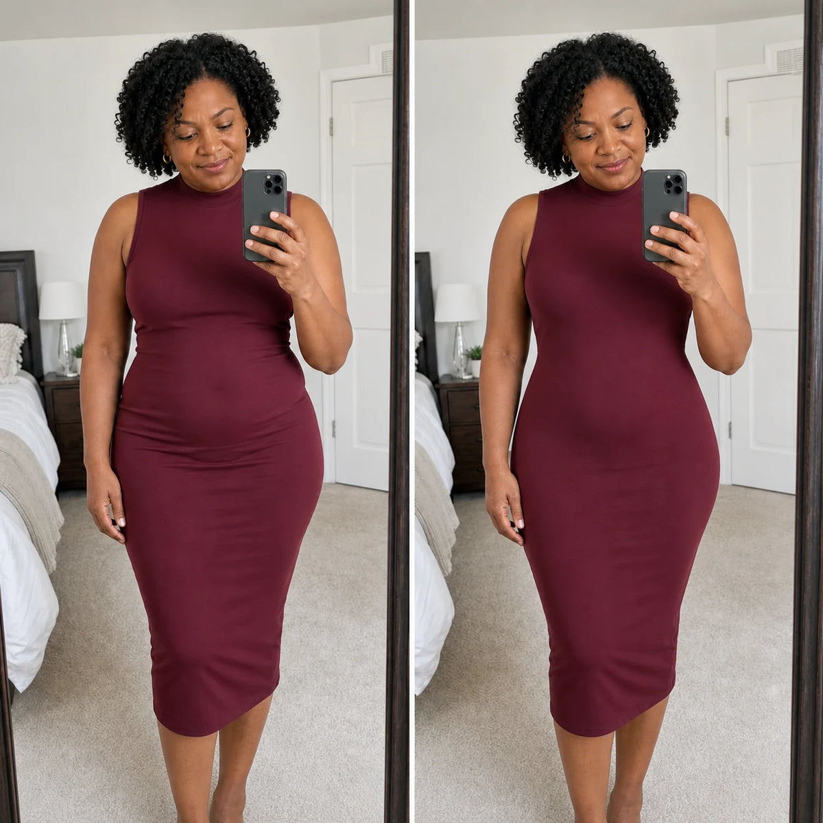 SculptFit Femme sous une robe bordeaux à col montant