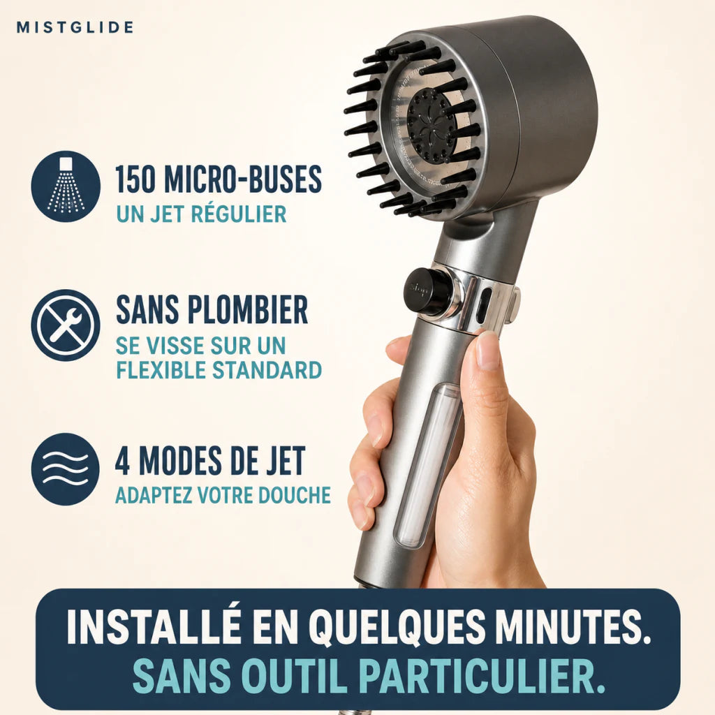 Installation sans outil et quatre modes de jet Mistglide AquaPure