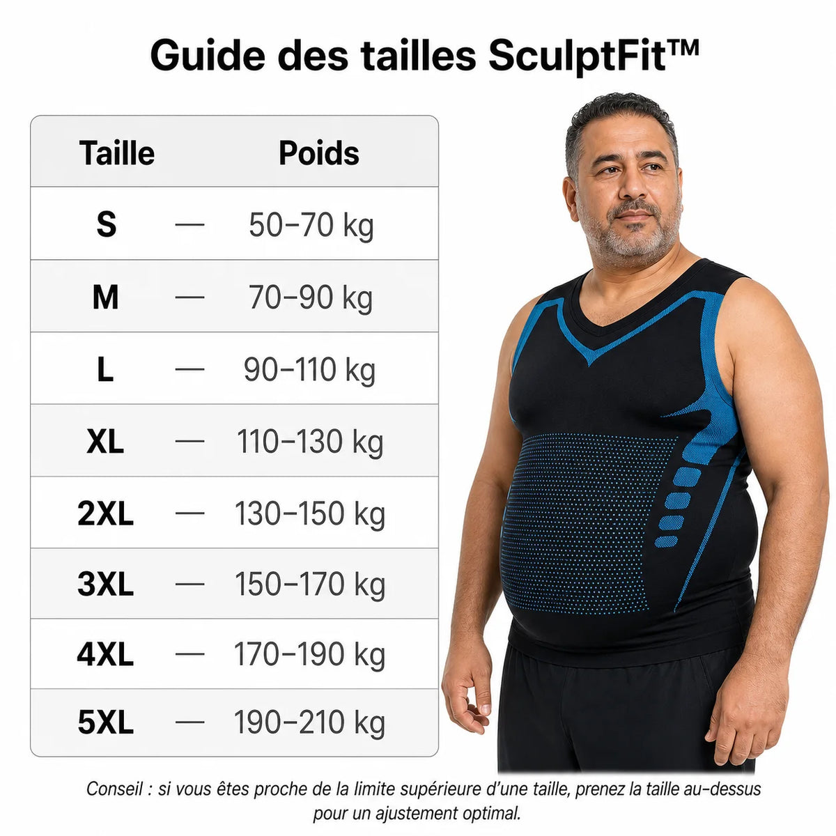 Guide des tailles Mistglide SculptFit en kilogrammes