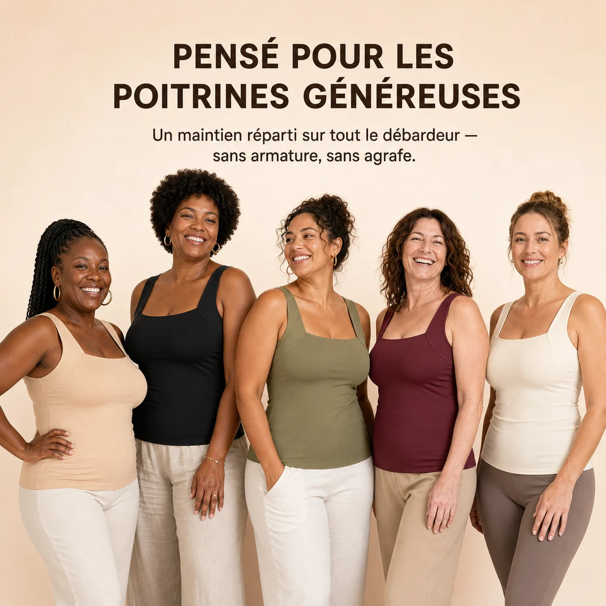 Cinq femmes aux morphologies et carnations variées portent le Mistglide ComfortTank, adapté aux poitrines généreuses