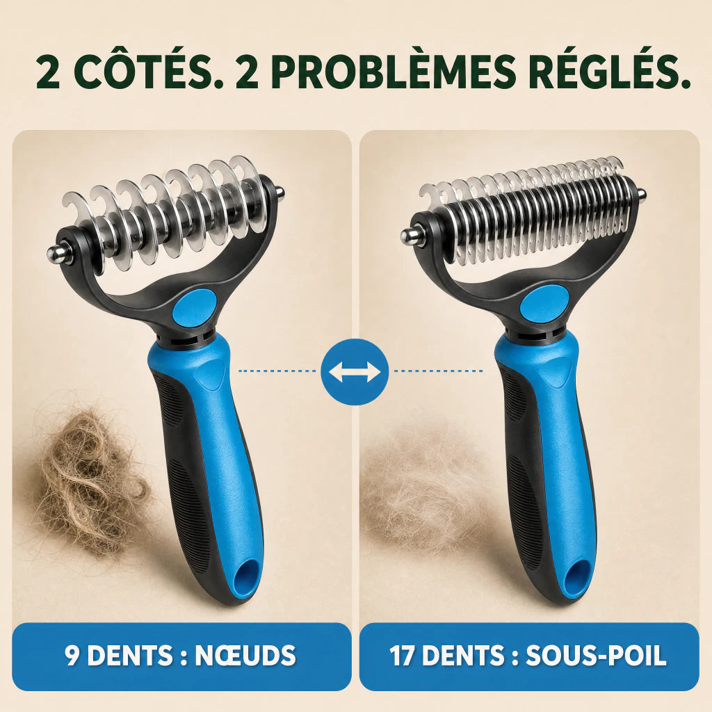 Face 9 dents pour les nœuds et face 17 dents pour le sous-poil