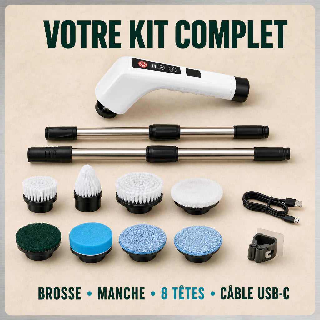 Kit complet FlexiScrub avec manche huit têtes et câble USB-C
