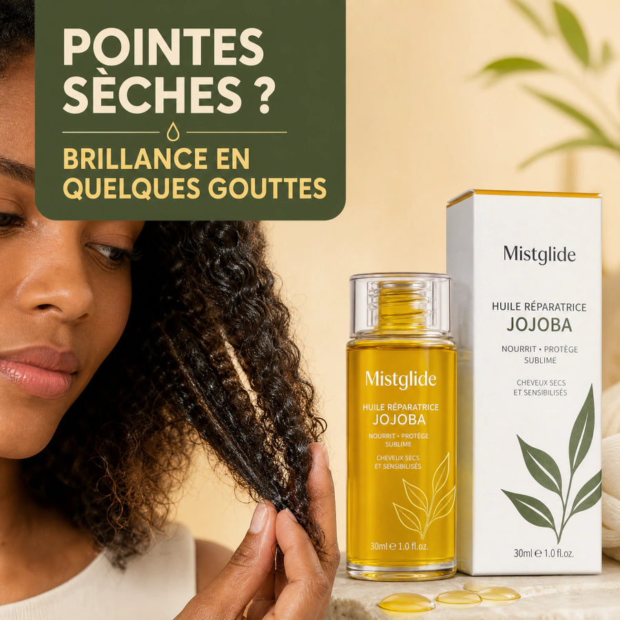 Huile réparatrice Mistglide au jojoba sur cheveux texturés