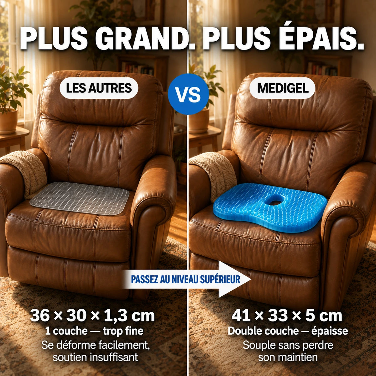 Comparaison de taille et épaisseur entre coussin ordinaire et MediGel