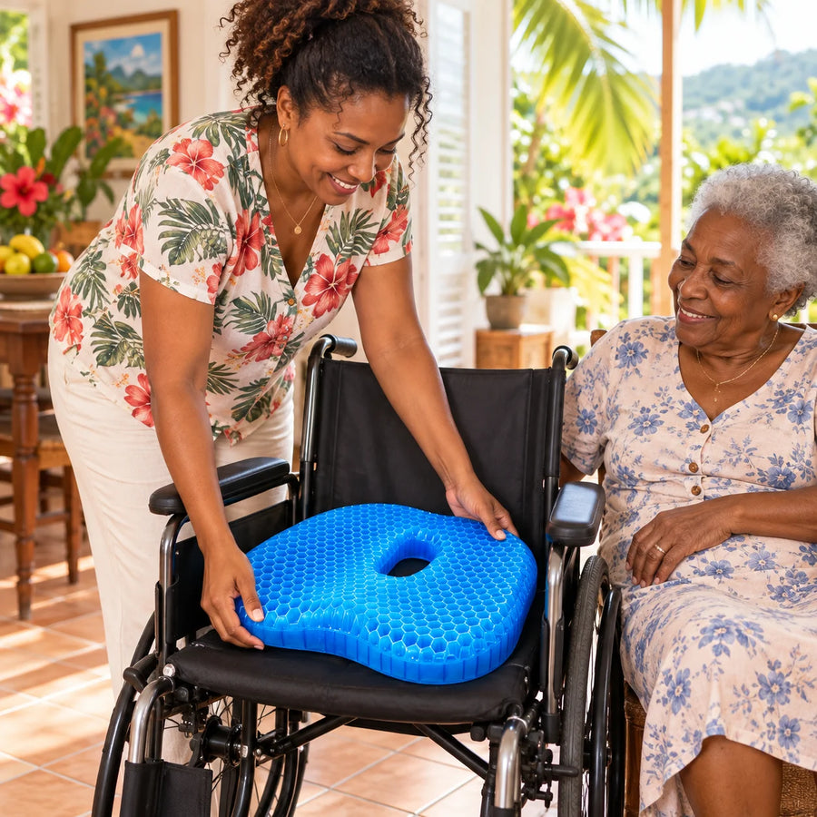 Aidante guadeloupéenne installant MediGel dans un fauteuil roulant
