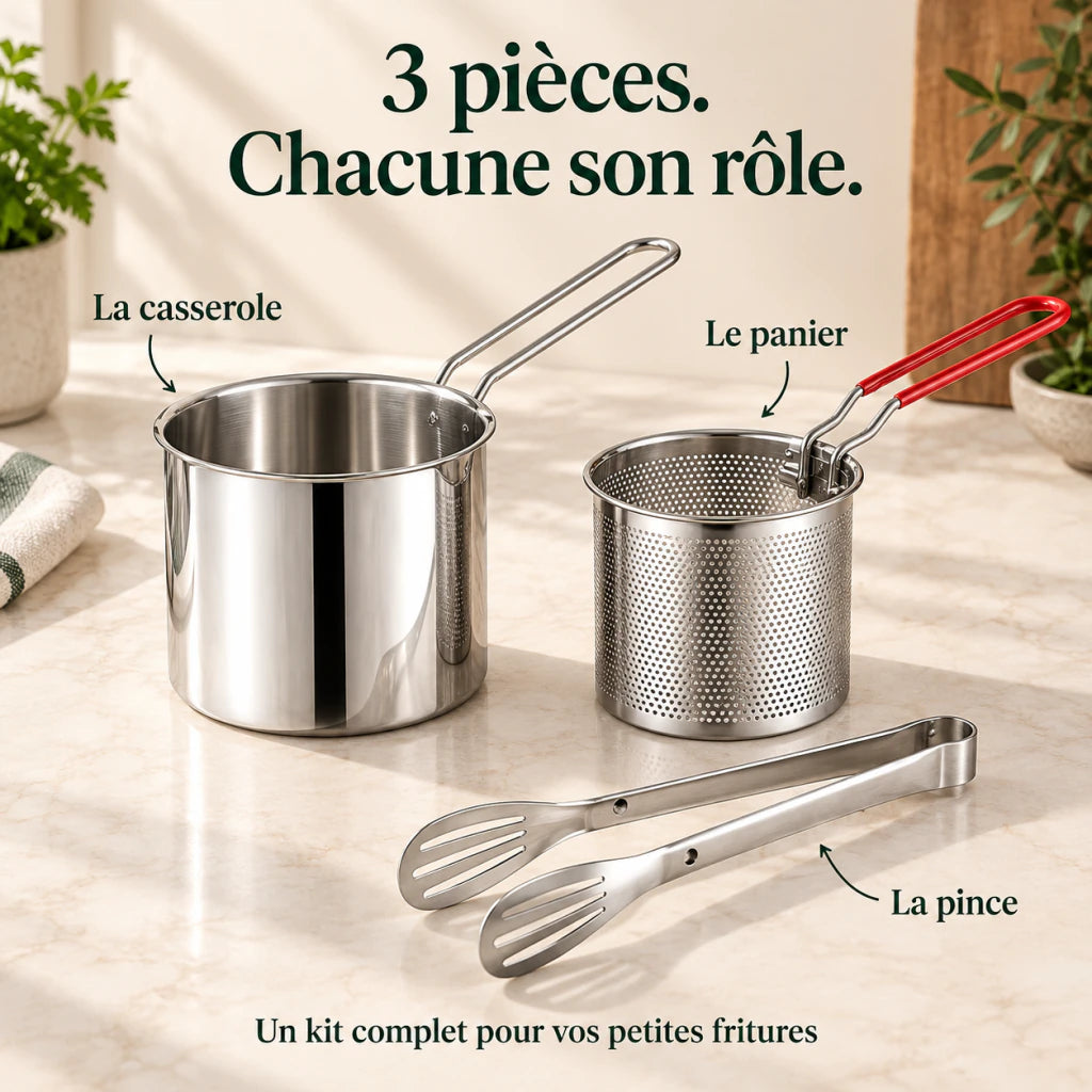 Les trois pièces incluses : casserole inox, panier à poignée rouge et pince