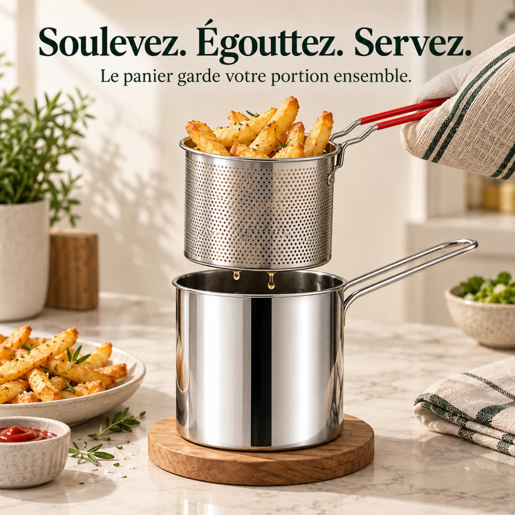 Le panier Mini Friture est soulevé pour égoutter une petite portion au-dessus de la casserole