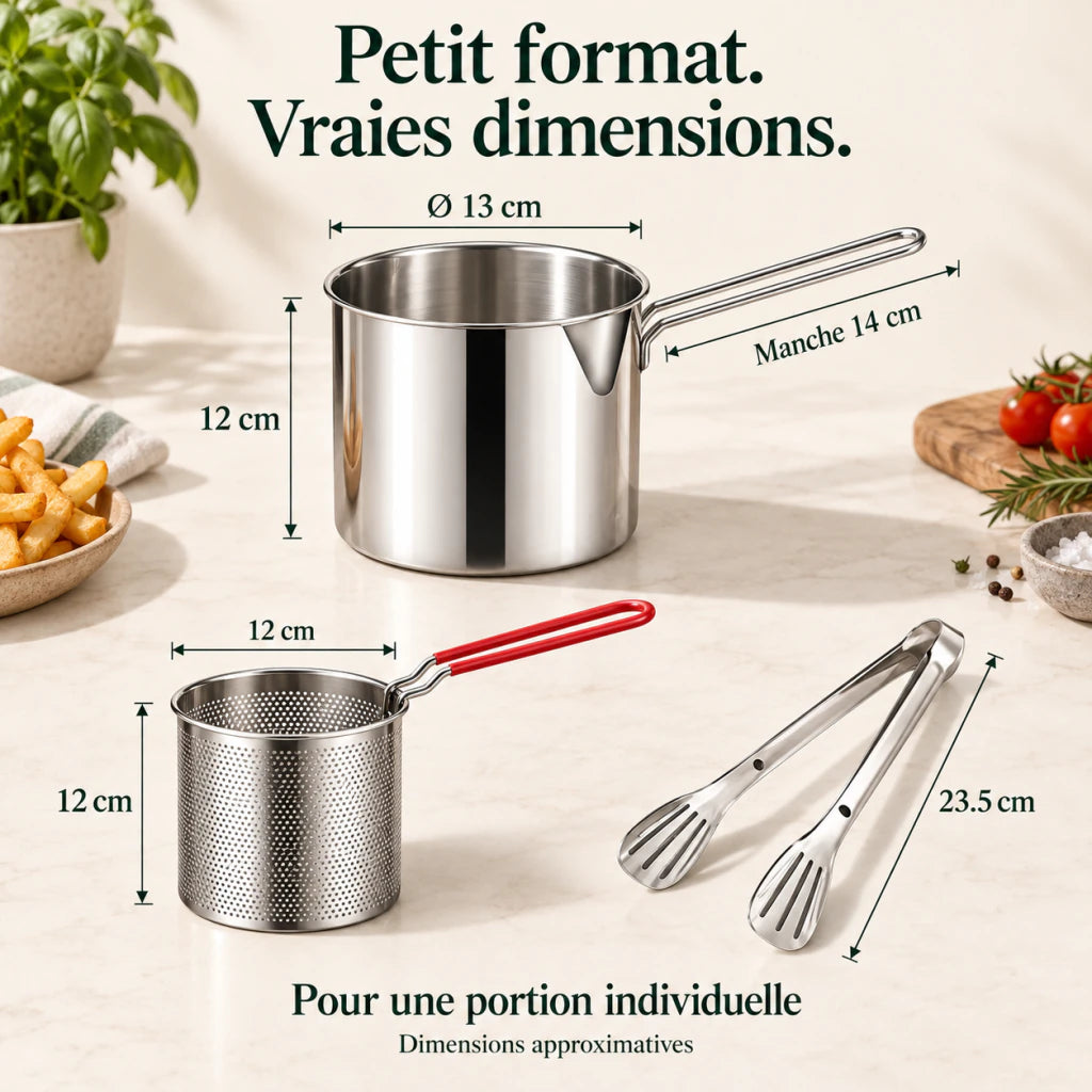Dimensions approximatives de la mini casserole et de son panier