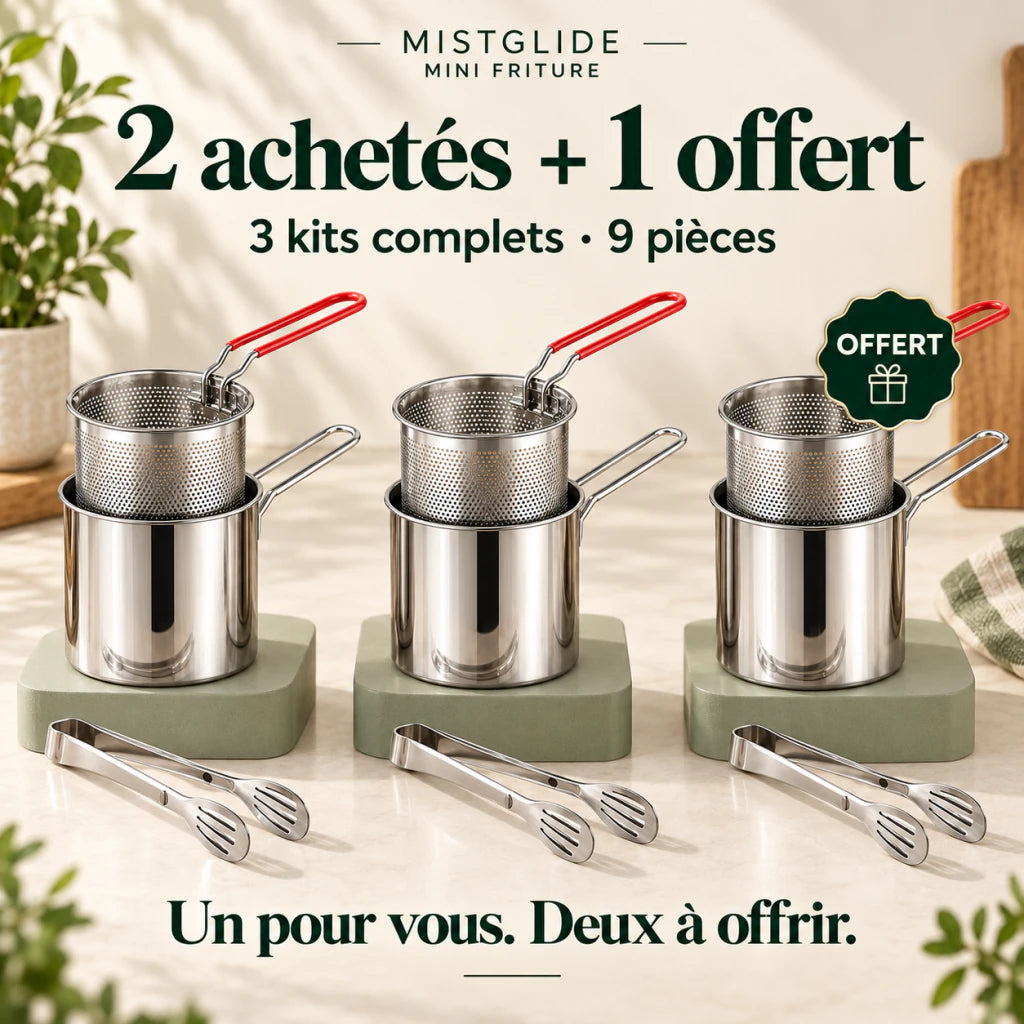 Offre 2 achetés + 1 offert : trois kits Mini Friture, soit trois casseroles, trois paniers et trois pinces
