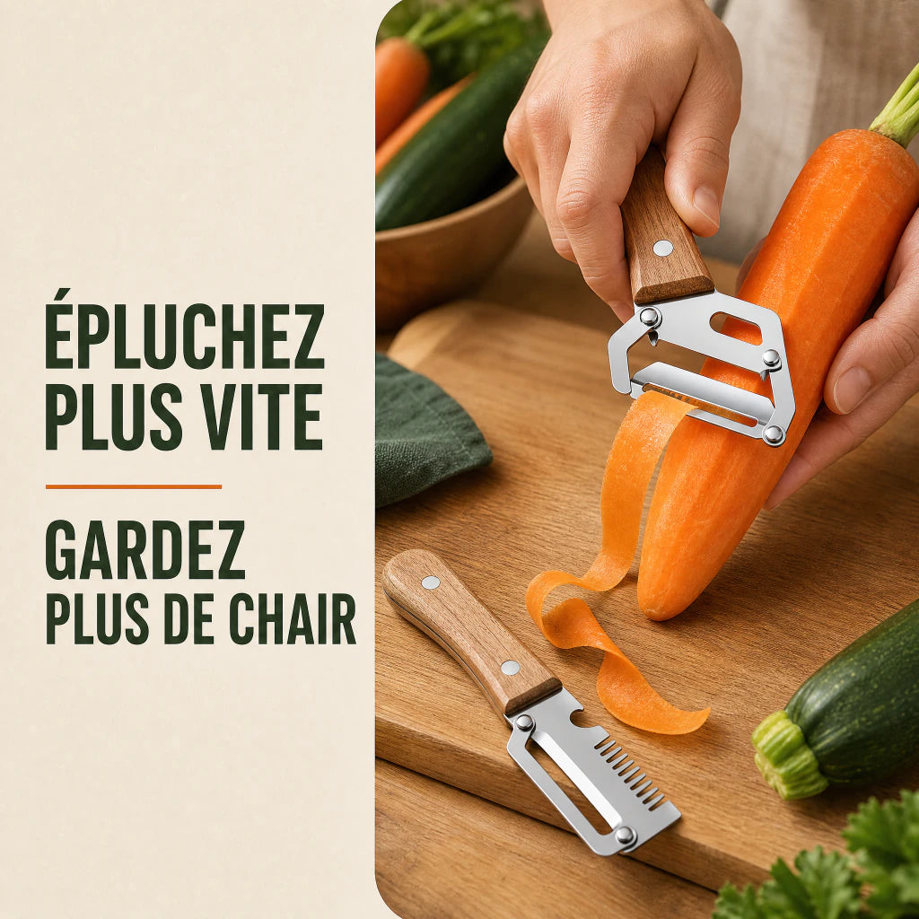 Duo Éplucheurs Mistglide retirant une peau fine sur une carotte