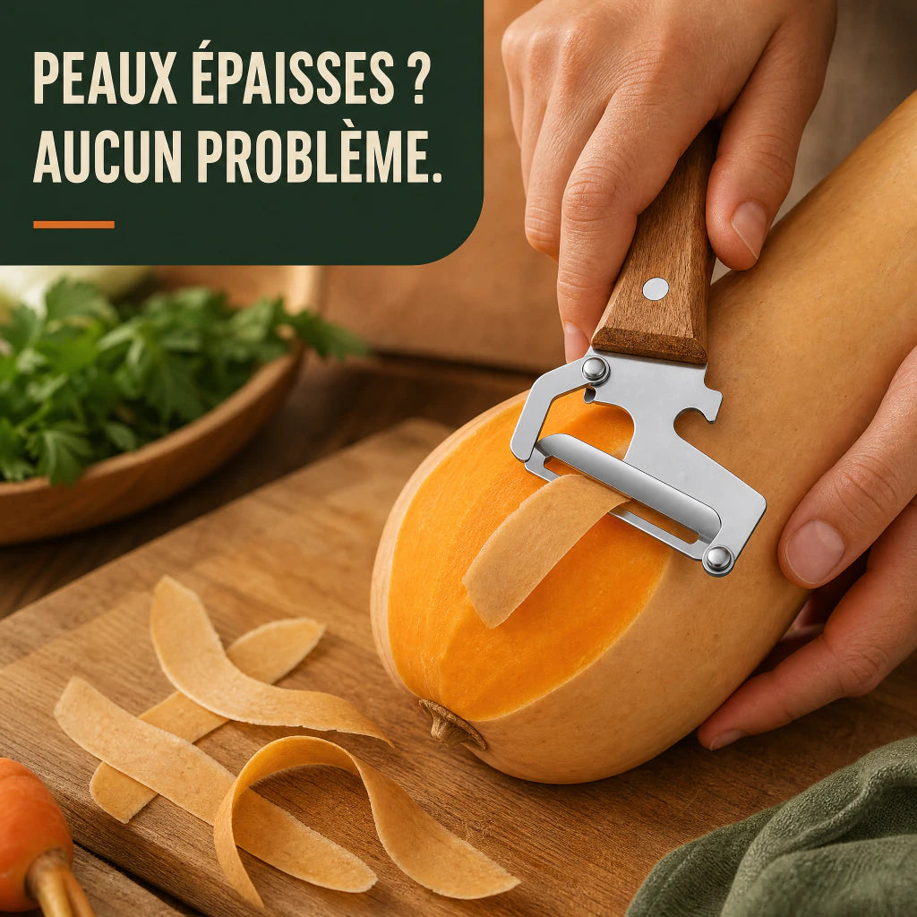 Éplucheur Mistglide utilisé sur une courge à peau épaisse