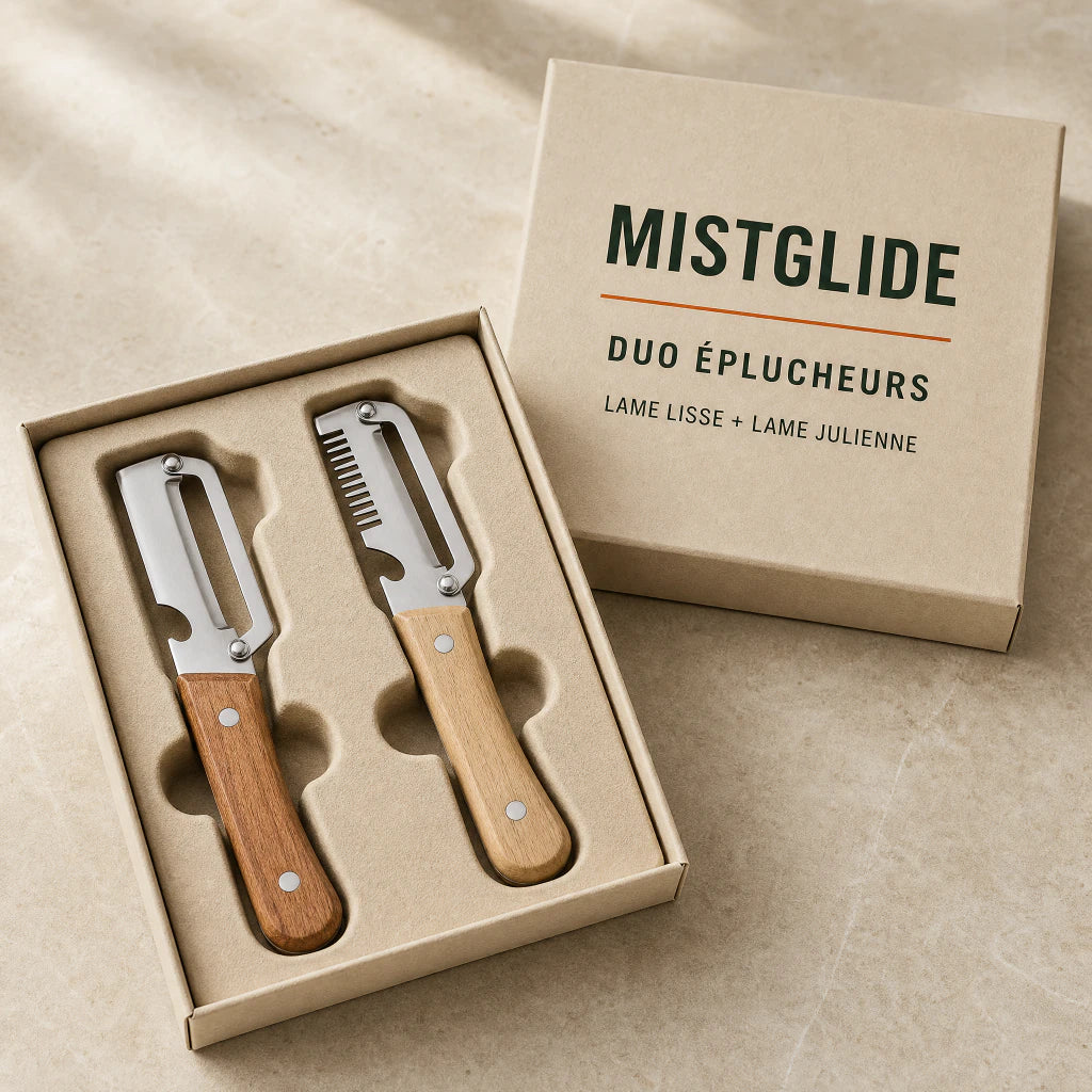 Coffret Mistglide contenant un éplucheur à lame lisse et un éplucheur julienne