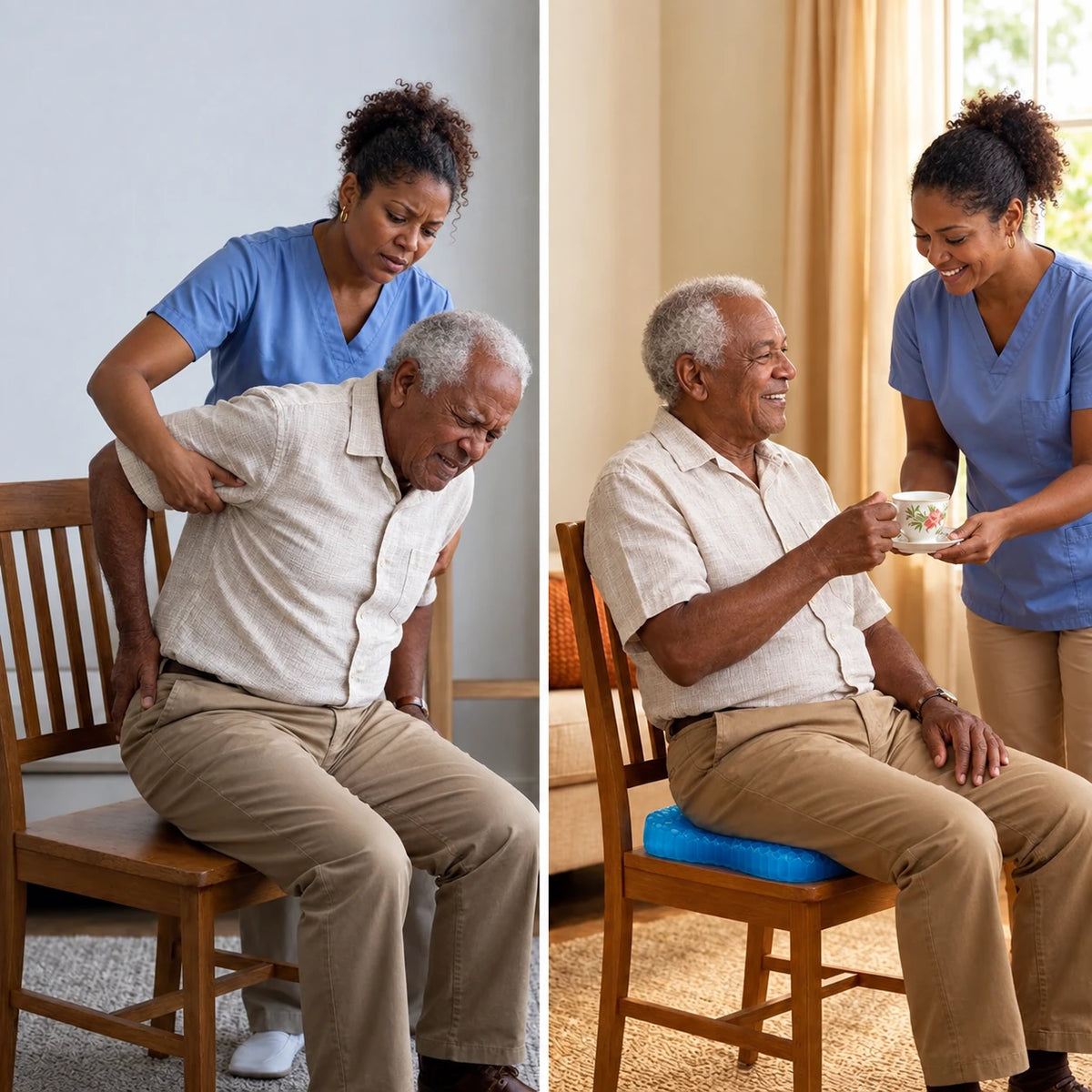 Aidante et senior comparant une chaise ordinaire avec MediGel