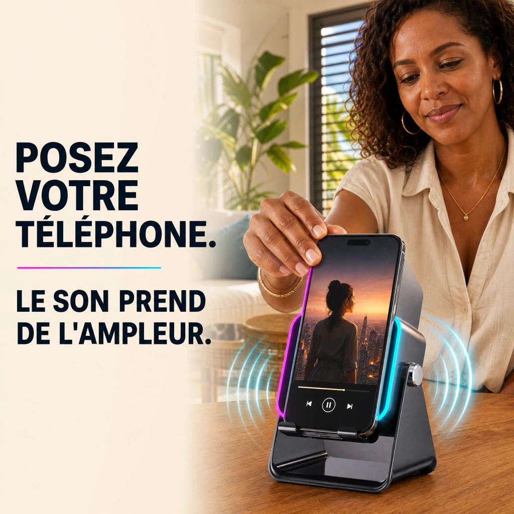 PulseDock amplifie le son d'un téléphone posé sur son support à induction