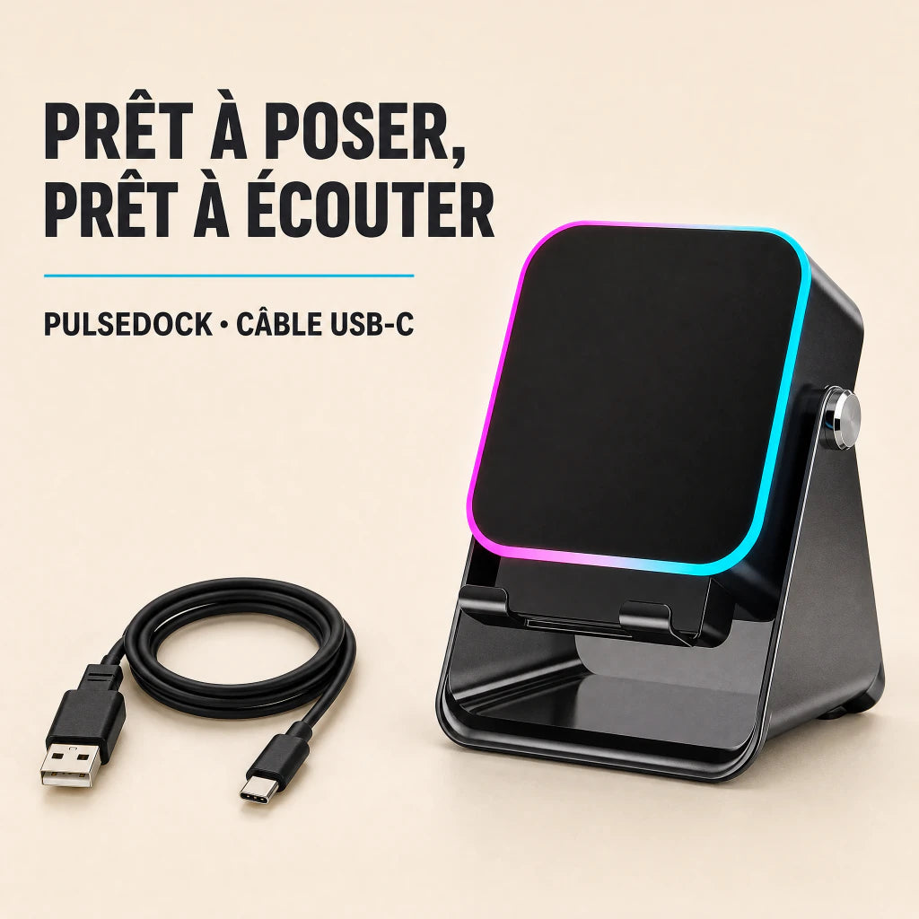 Contenu PulseDock avec enceinte support et câble USB-A vers USB-C