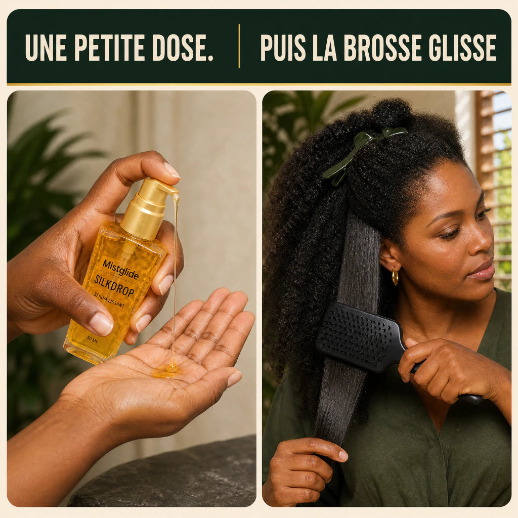 Petite dose de sérum lissant Mistglide SilkDrop avant le brossage