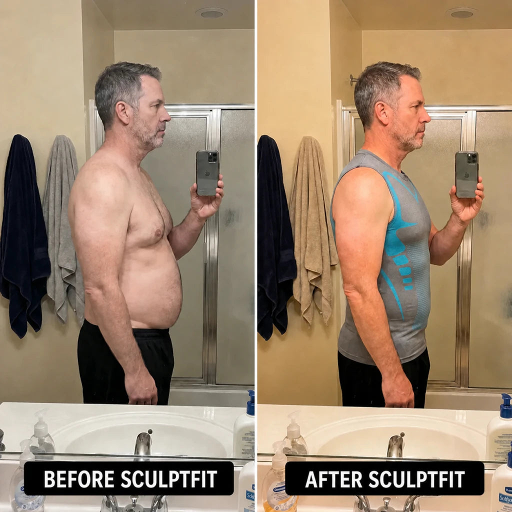 Bathroom before and after wearing Mistglide SculptFit