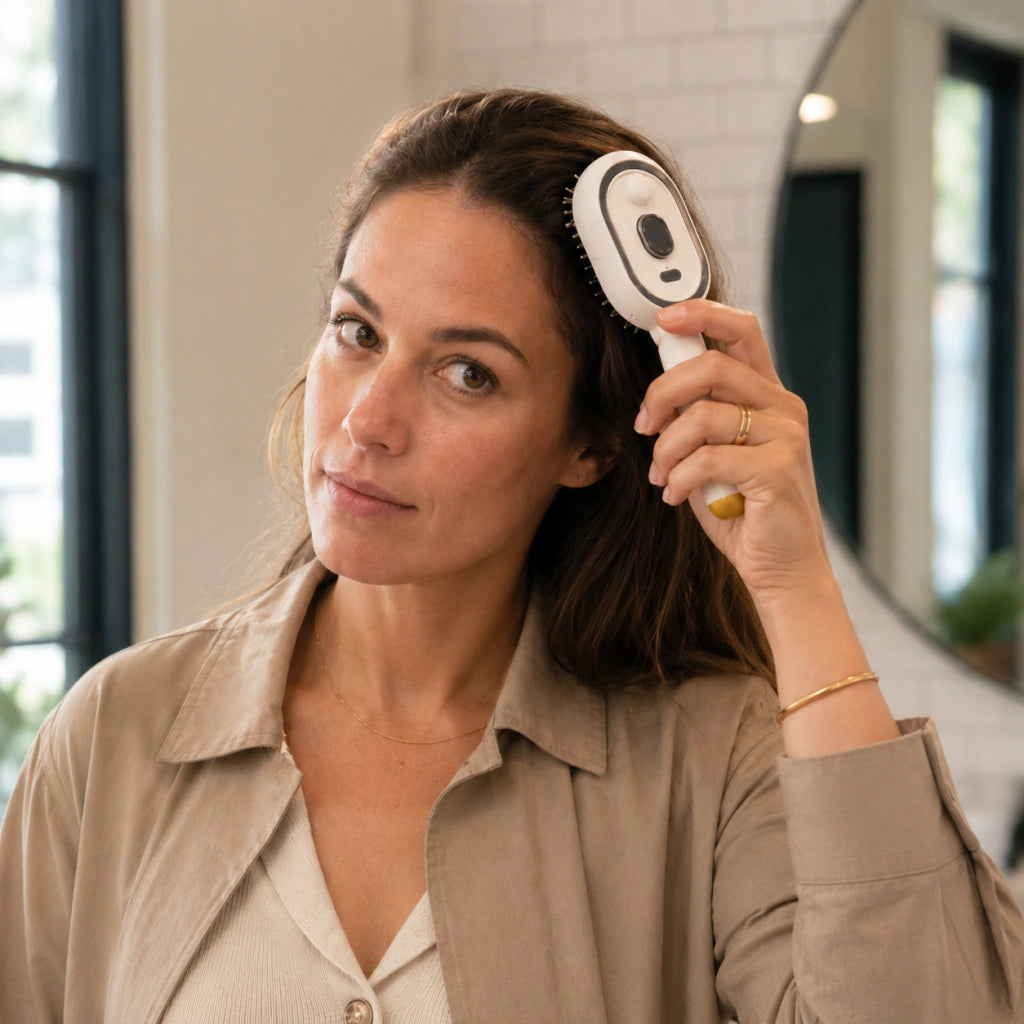 Woman using Mistglide Brush for a smoother hair finish