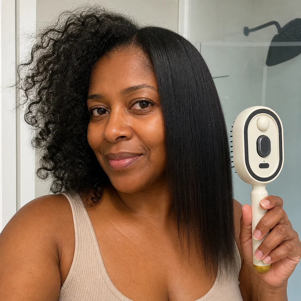Customer using Mistglide Brush for morning hair touch-ups