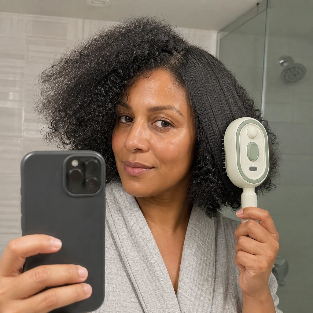 Customer holding Mistglide Brush during a travel touch-up
