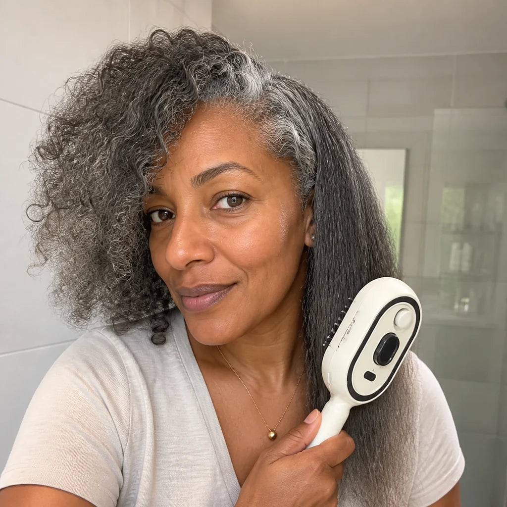 Customer smoothing flyaways with Mistglide Brush