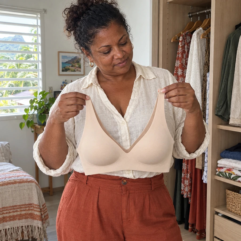 Femme en tenue du quotidien présentant DouceFit beige dans un intérieur lumineux