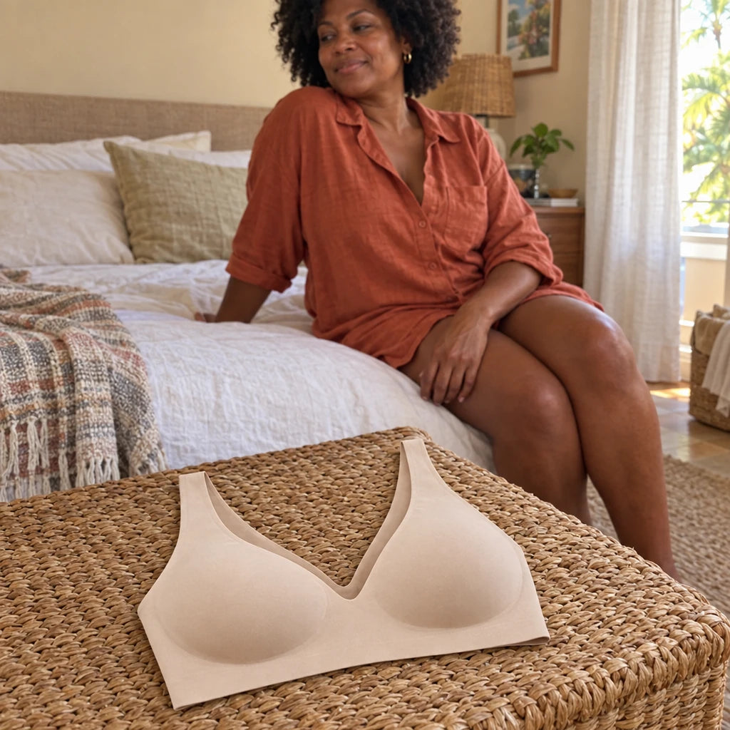 Femme assise dans une chambre lumineuse avec DouceFit beige posé à proximité