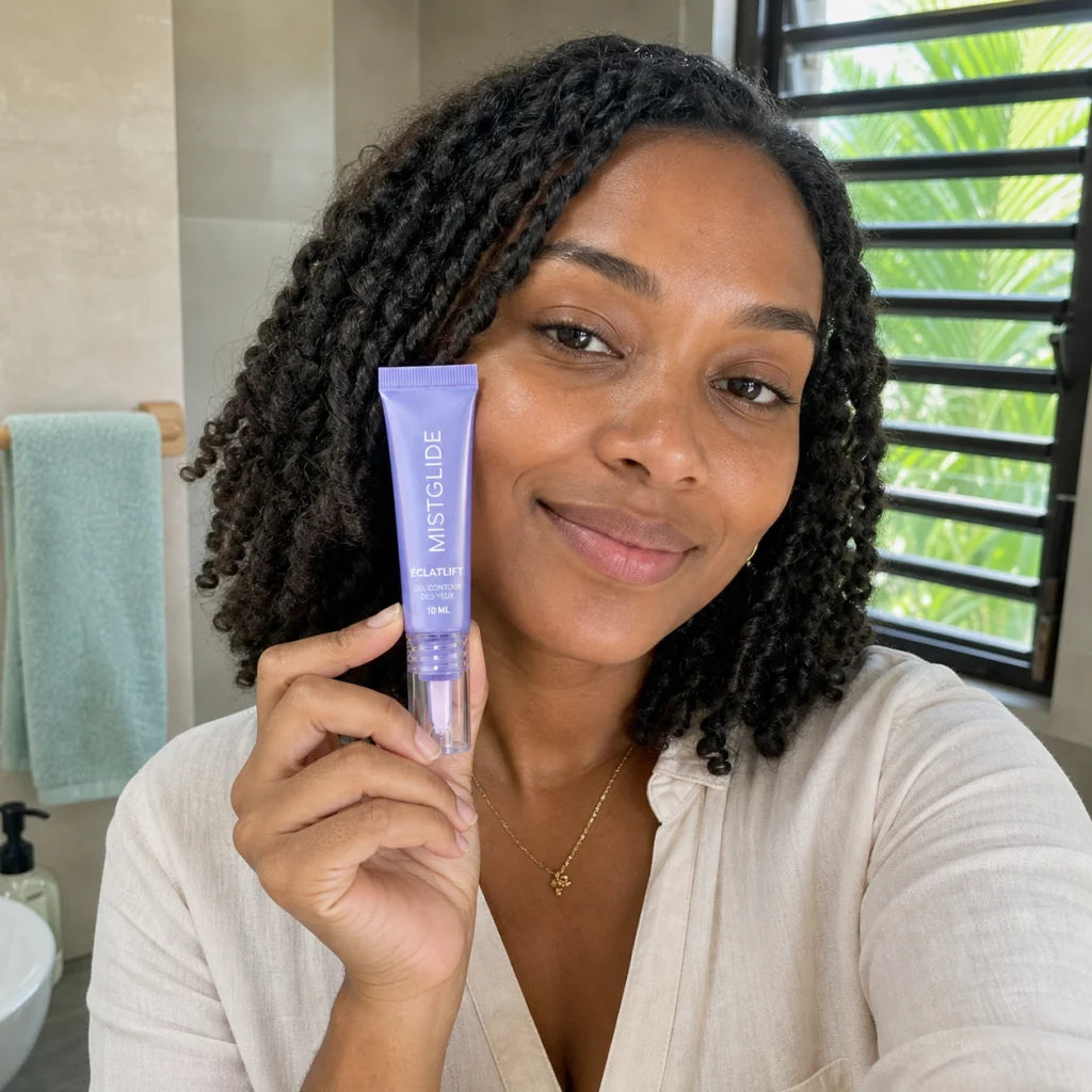 Naomi à La Réunion tenant le gel contour des yeux ÉclatLift Mistglide