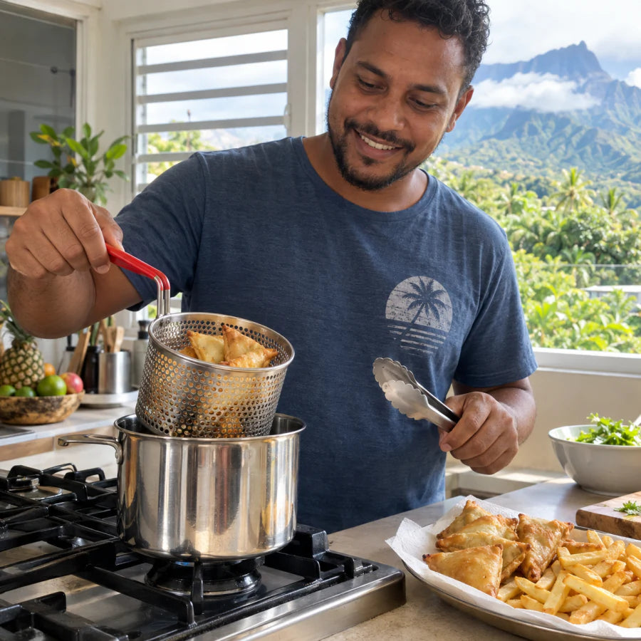 Client à La Réunion égouttant des samoussas avec le panier rouge du kit Mini Friture
