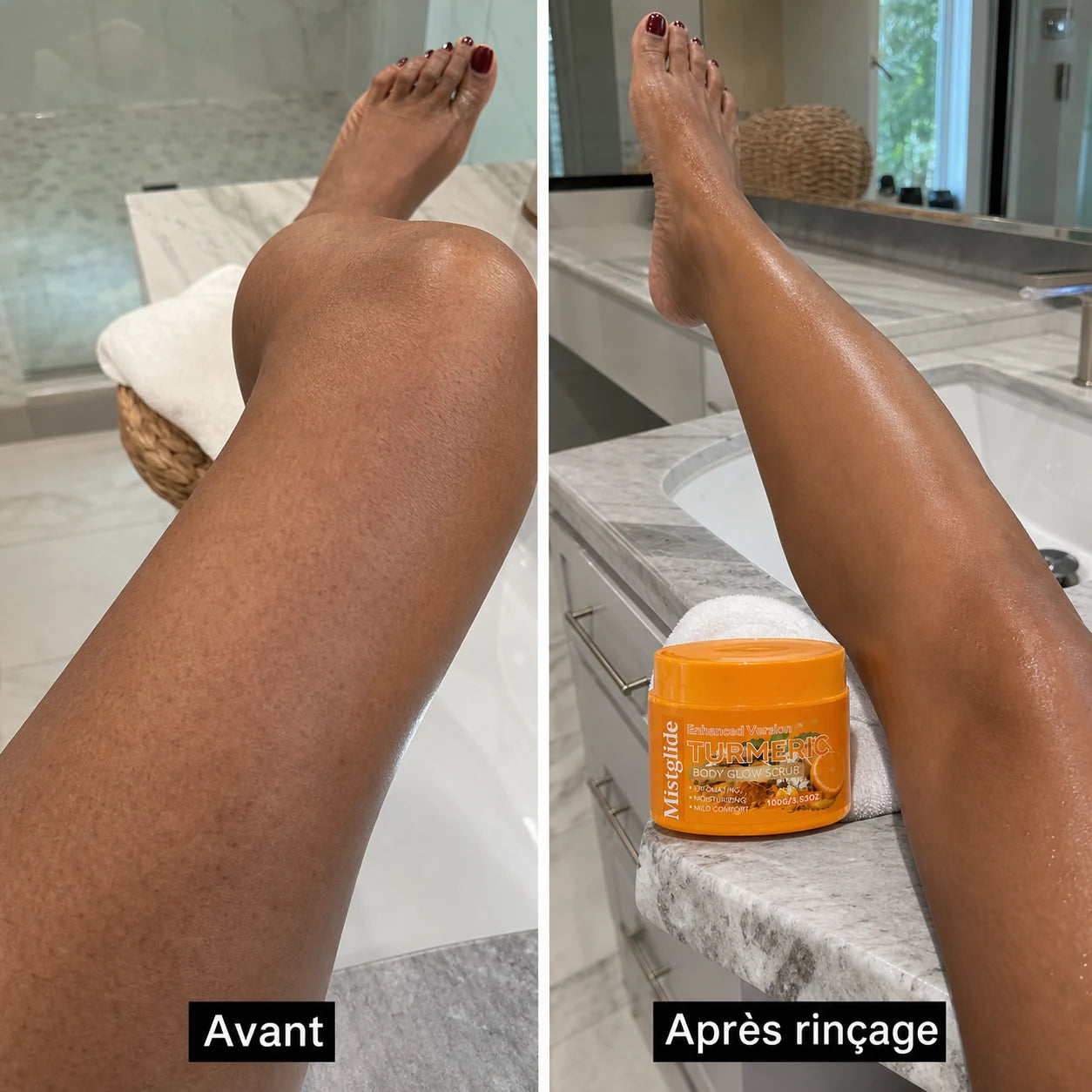 Avant après du gommage corps Turmeric Mistglide sur les jambes après rinçage