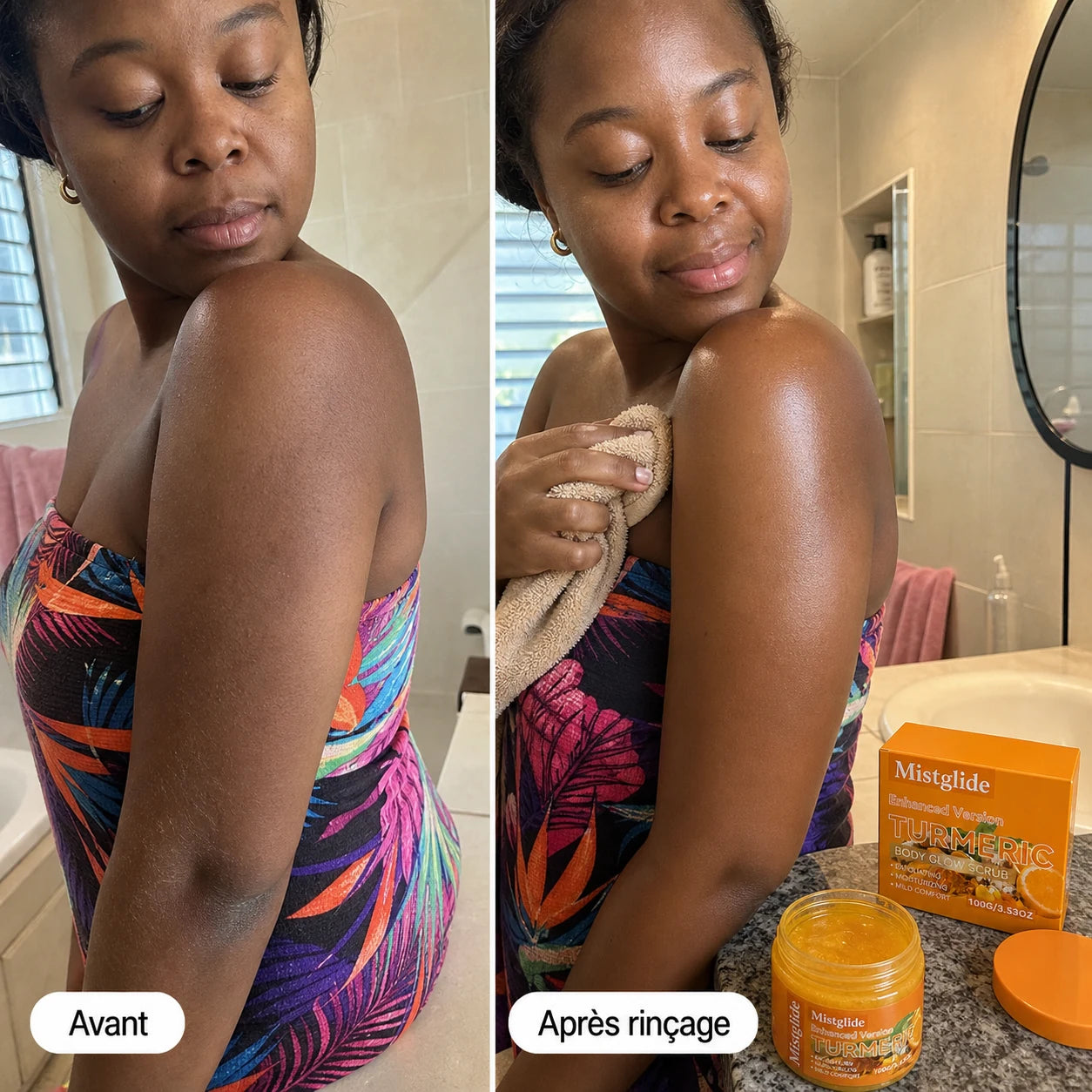 Avant après du gommage corps Turmeric Mistglide sur le bras après rinçage