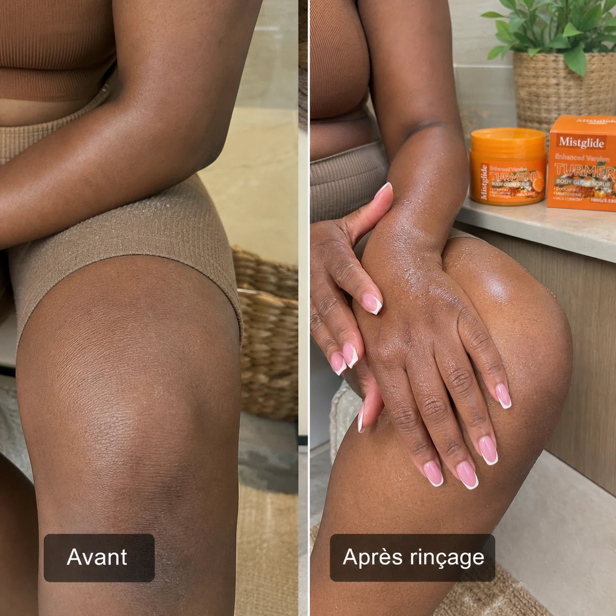 Avant après du gommage corps Turmeric Mistglide sur une zone rugueuse après rinçage